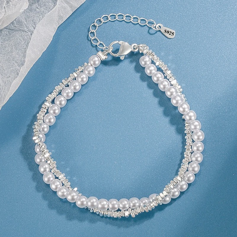 925 Sterling Silver Double Layer Pearl Bracelet for Birthday Women Girl Design Bead Korean Jewelry Dropshipping Charm Bracelet