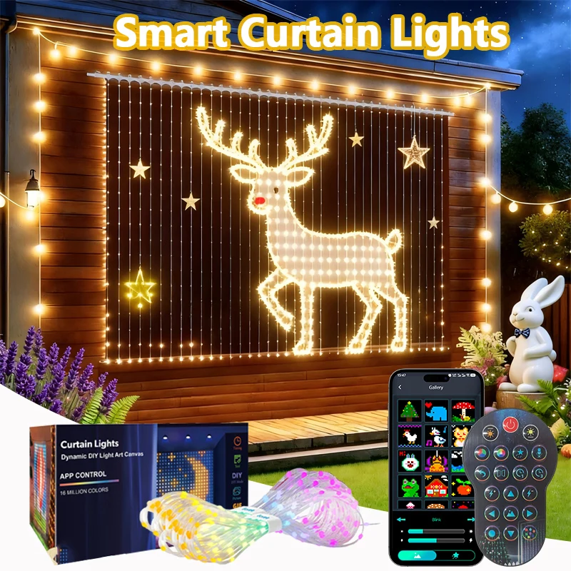 Smart Curtain Lights Curtain String Lights Waterproof DIY Color Pattern Text Music Sync for Xmas Indoor Outdoor Backdrop Decor
