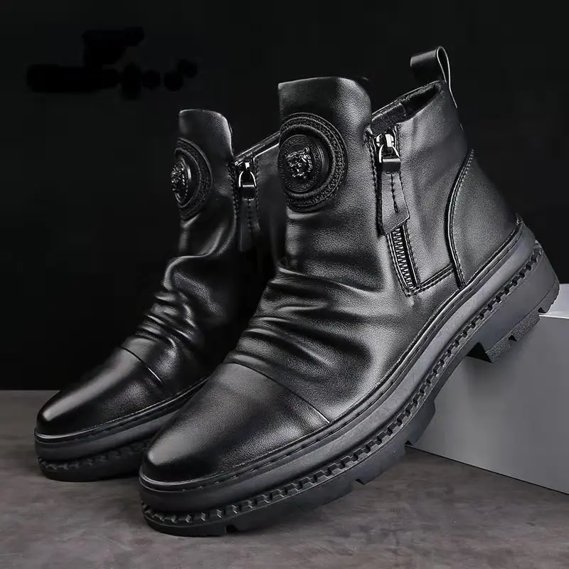 Men's Boots Fashion Motorcycle Boot Luxury Leather Ankle Boots Plush Warm Winter Boots for Men Casual Platform Boot Botas Hombre