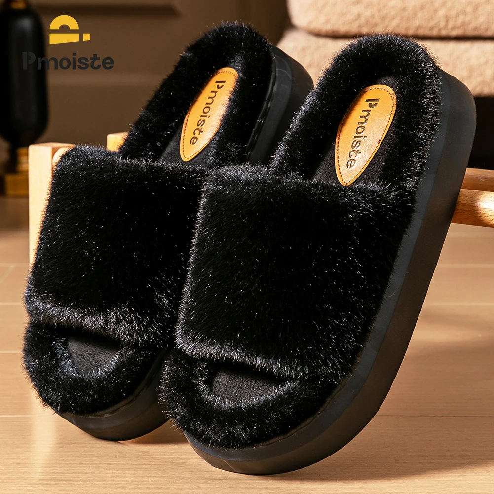 Fur Slippers Women Platform EVA Soles Memory Foam Winter Cozy Open Toe Breathable Living Room Shoes Luxury