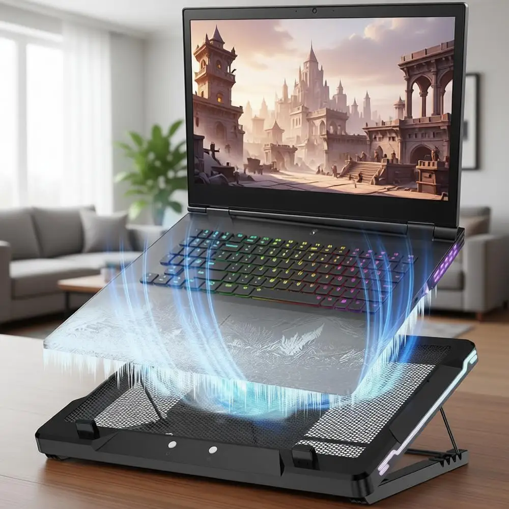 Portable 5.5 Adjustable Laptop Cooling Stand with 10 RGB Lights, Auto Temp Control, and Ultra Quiet 3-Speed Fan for 14-17.3 Lapt