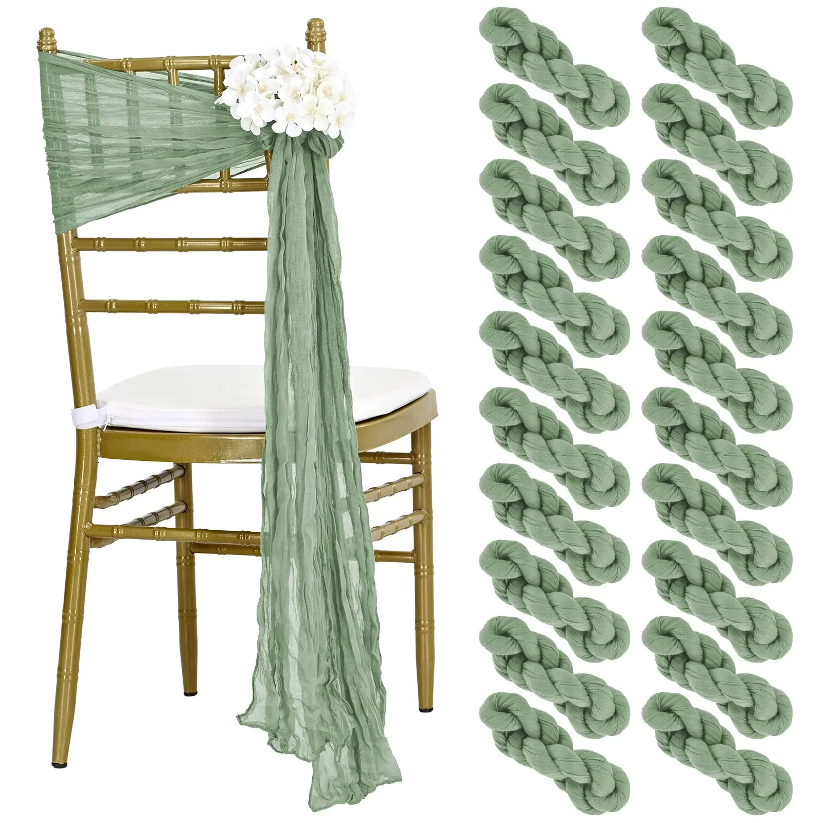 Sage Green Cheesecloth Chair Sashes, Chair Bow Designed Decorative Chair Sashes for Wedding Reception Party Hotel Decoration