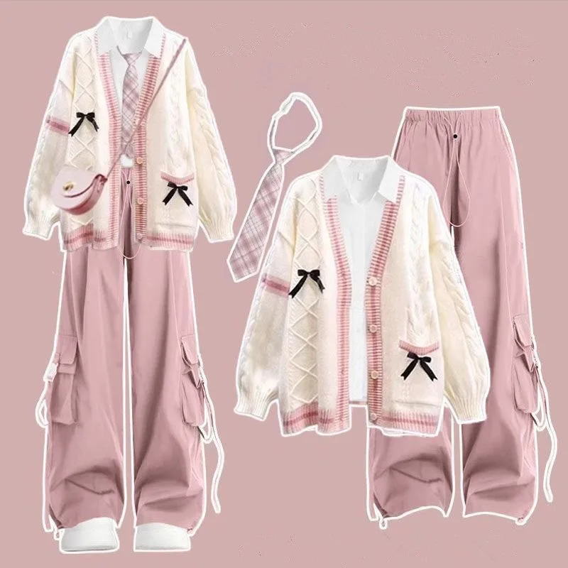 Soft Sweater Cardigan Style White Moonlight Three Piece Set Korean Style Autumn Winter Knitted Long Sleeve College Style