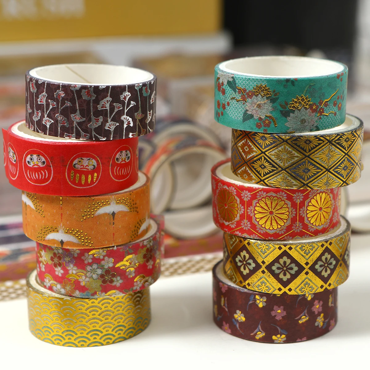 10 Rolls Floral Washi Tape Set with Gold Foil, Cherry Blossom Design for Scrapbooking, Journaling, DIY Gifts and Decoration