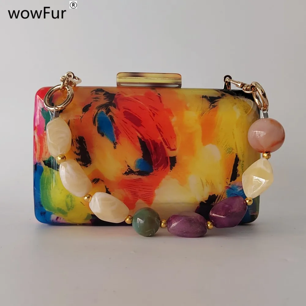 Women Acrylic Box Colorful Flower New Handbag Luxury Designer Clutch Purses Wedding Party High Quality Oval LAdy Female Bag