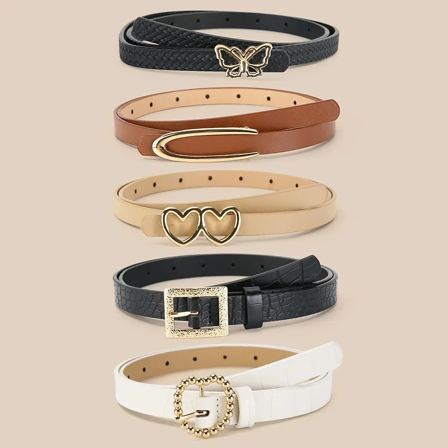 5pcs/set New Trendy Buckle Belts Vintage Solid Color PU Leather Belt Casual Jeans Pants Belt For Women