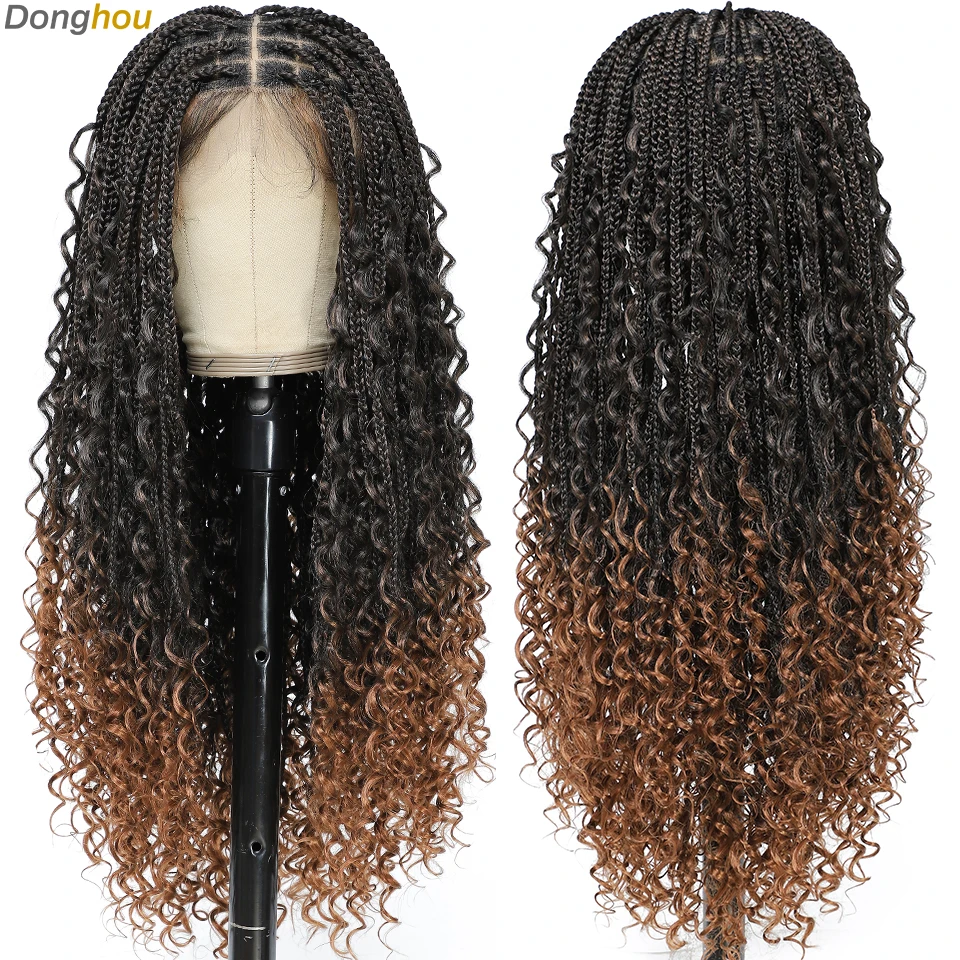 Boho Goddess Box Braid Wig with Baby Hair Lace Front Braided Wigs for Women Brown Hair Synthetic Blended Braids Wig Curly Hair