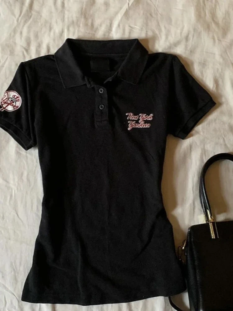 Y2K Black Vintage Women T Shirts Harajuku Letter Print Short Sleeve Tops American Summer Slim Gyaru Lapel Tees New