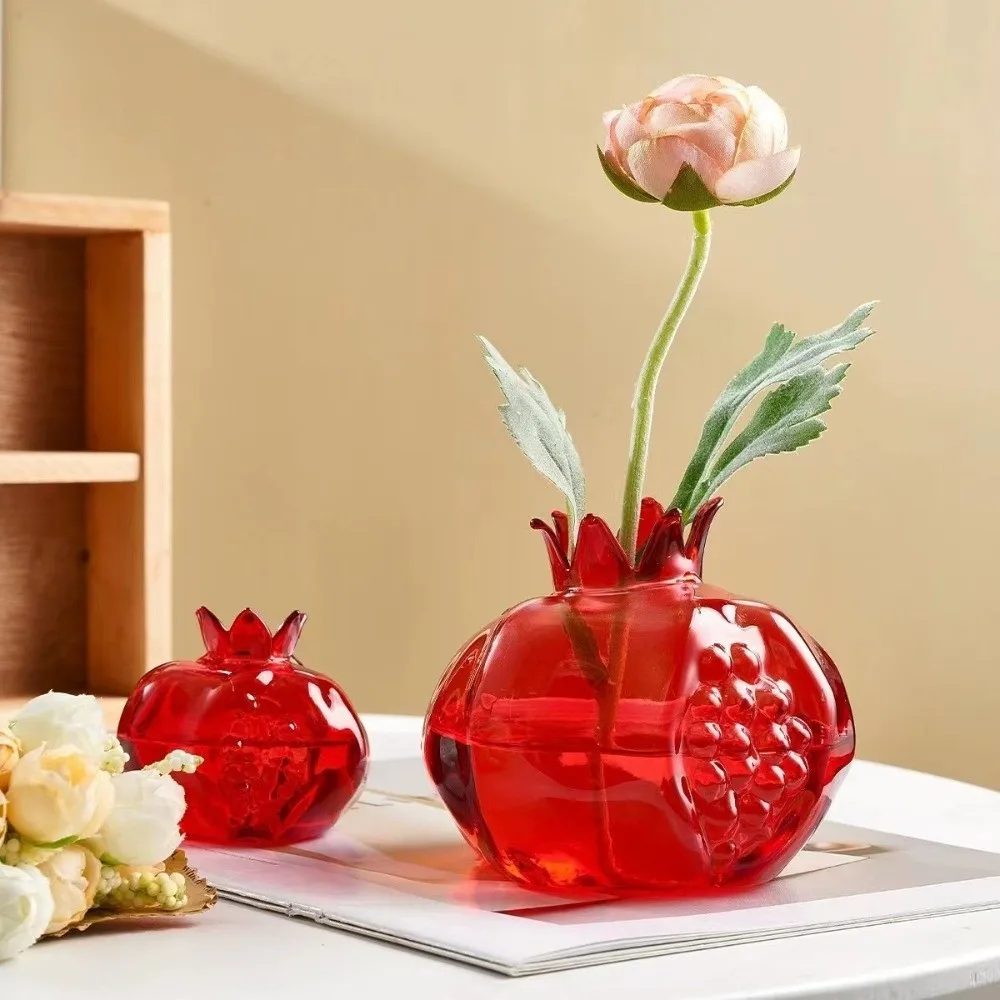 Unique Shape Transparent Pomegranate Glass Vase Red Decorative Hand-Blown Glass Vase Pomegranate Flower Pot Desktop Ornament