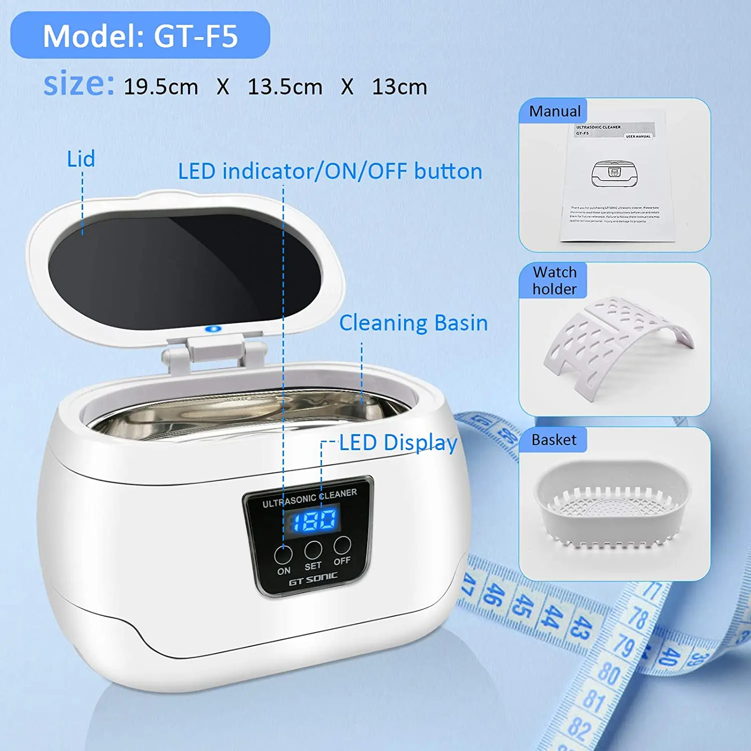 GTSONIC 600ml Ultrasonic Cleaner 35W Sonicator Bath 43kHz For Watches Contact Lens Glasses Denture Teeth Electric Makeup Razor