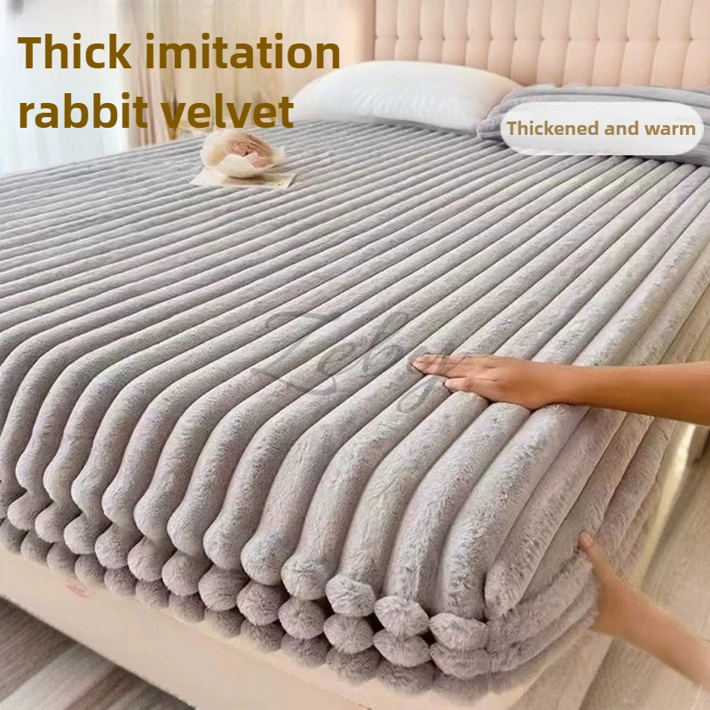 Rabbit Velvet Thicken Autumn Winter Fitted Sheet Set or Only 1 Pcs Fitted Sheets warmth Bed Sheet Queen Mattress Cover King Size