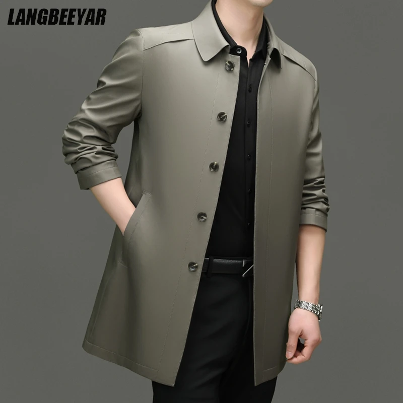 High End Anti Wrinkle Business Casual Fashion Trench Coats Spring Slim Fit Turndown Collar Overcoat Long Jacket ​​Outercoat