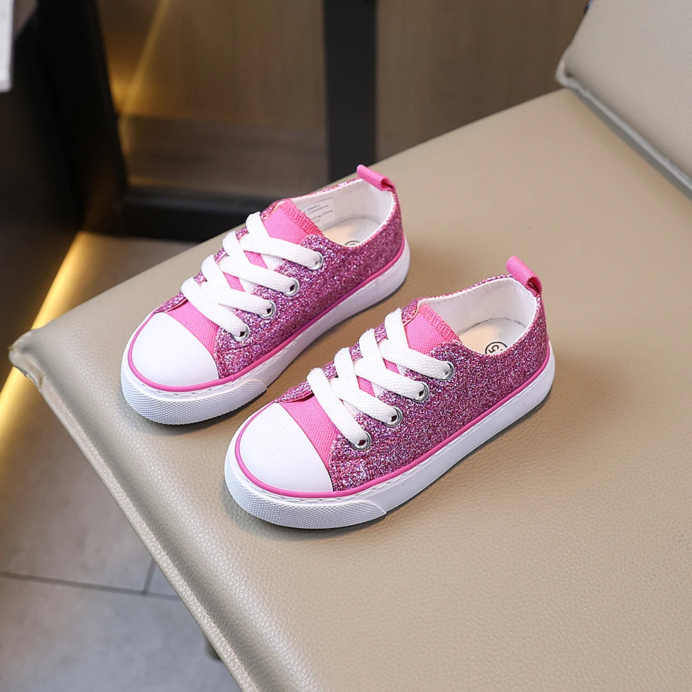 COMFY KIDS Girls Pink Glitter Princess Style Low Top Canvas Shoes Breathable Fabric Lace-Up Pull Tab All-Season Wear Party Casual Shoes