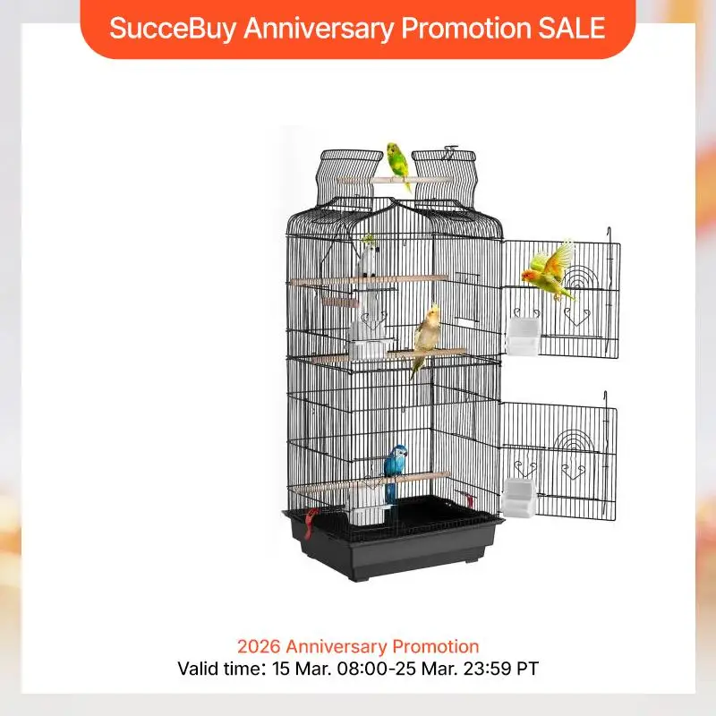 SucceBuy Open Top Large Parrot Bird Cage Hanging Bird Cage for Kinds of Birds Travel Pet Flight Birdcage with Swing and Perch