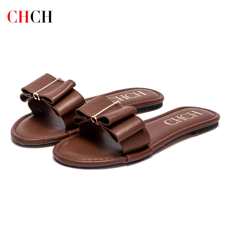 CHCH Women's Flat Shoes New Summer Bow Casual Slippers Black Commuting Women's Shoes