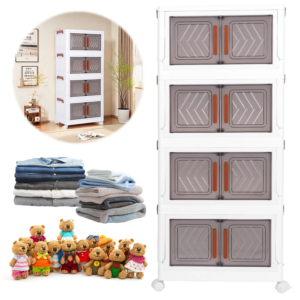 Collapsible Storage Bins with Doors & Wheels 4 Tier Stackable Closet Organizers Drawer Cabinet for Living Room Bedroom Office