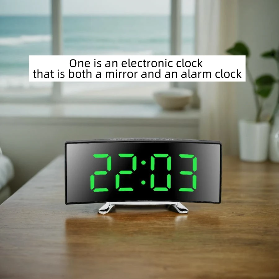 1pc LED curved screen mirror alarm clock, clear large screen clock, snooze mode and automatic half light mode, DC plug-in use