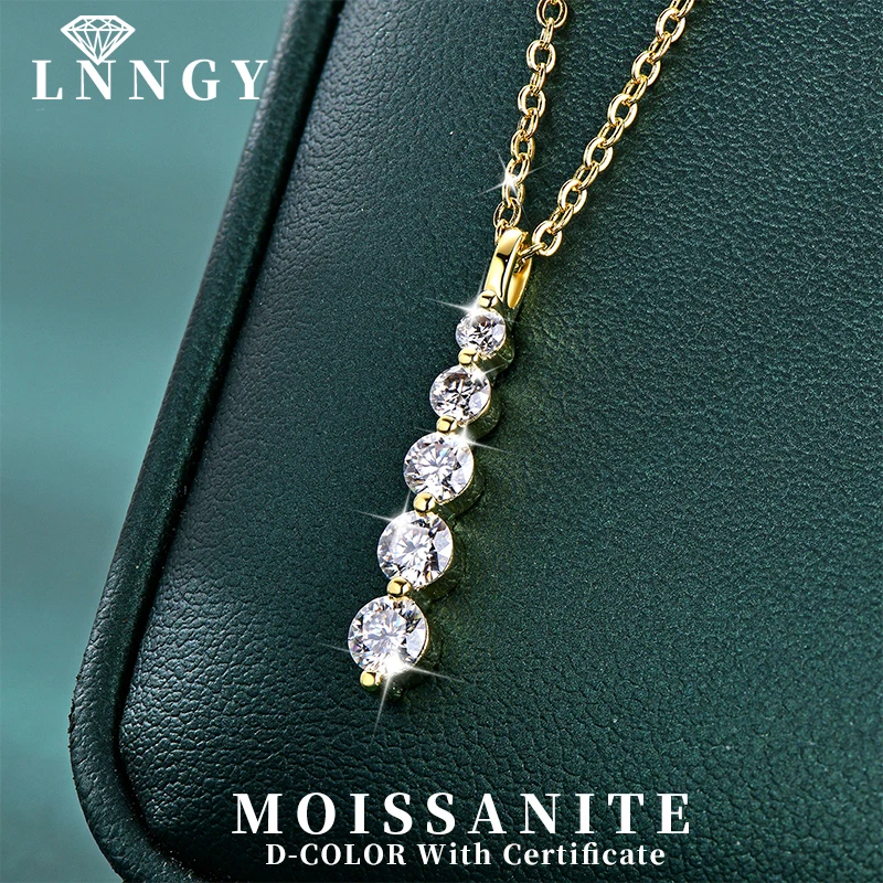 Lnngy Brilliant 5-Stone Moissanite Necklace 14K Gold Filled Long Drop Pendant Necklace for Women Female Jewelry Accessories
