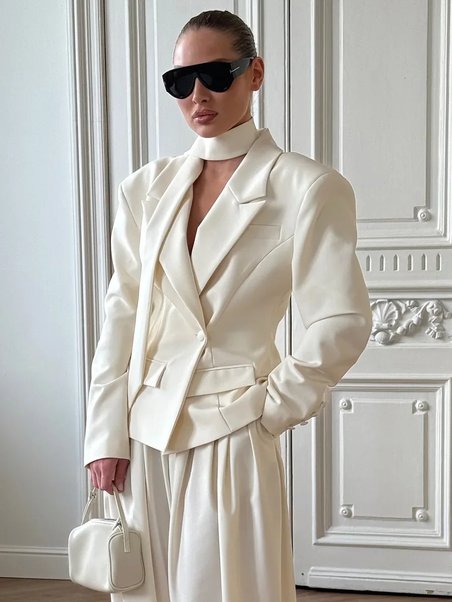 Wolfeel Women's Belted Neckline Tie Blazer Autumn Winter New Structured Shoulders Short Jacket Elegant Office Commuting Suits