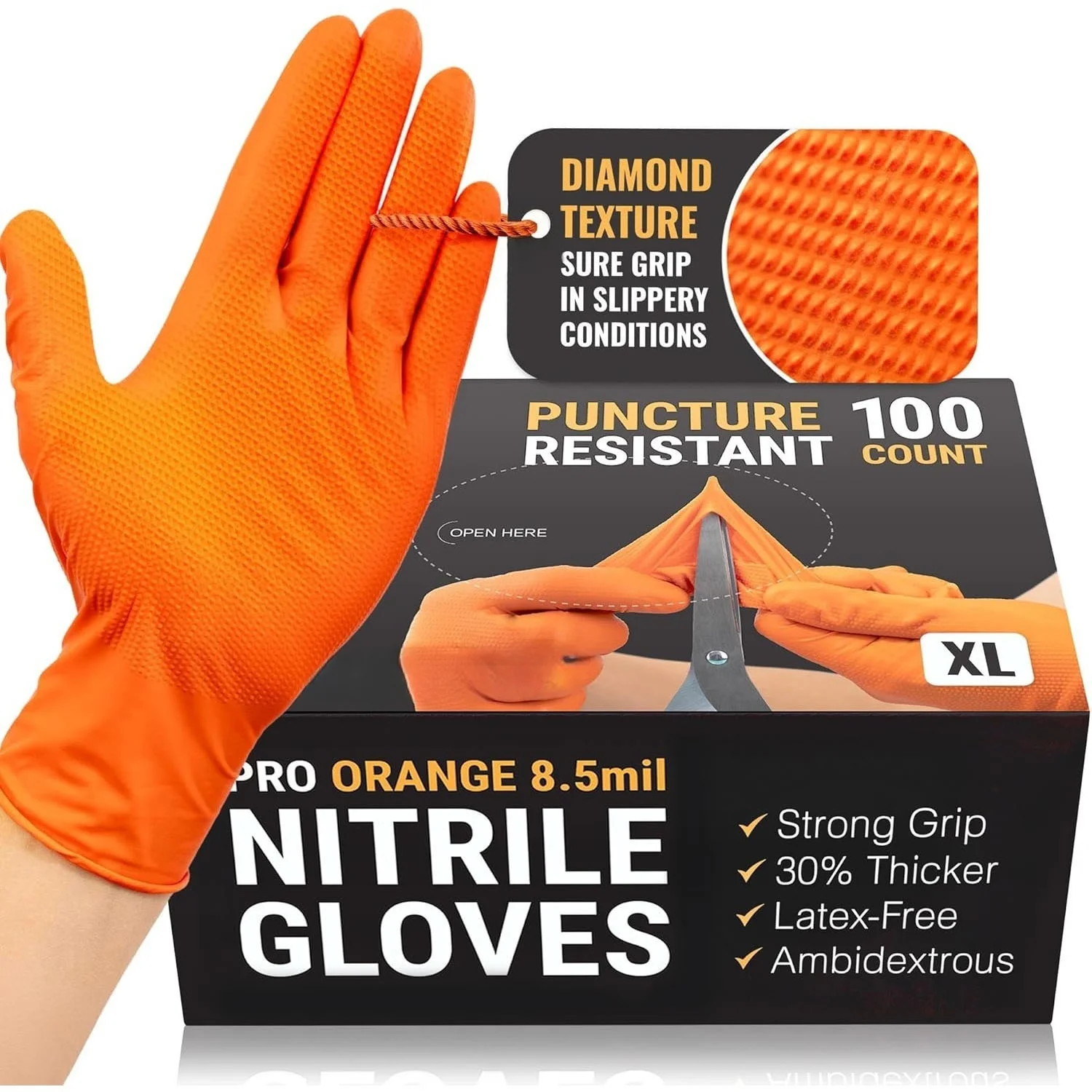 Heavy Duty Orange Nitrile Gloves 8Mil Industrial Disposable Gloves with Diamond Textured Grip for Mechanic Safety & Work Gloves