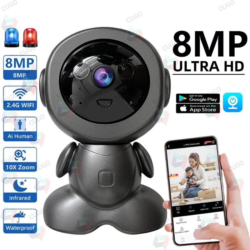 8MP Wifi Surveillance Robot Camera PTZ Security Baby Monitor Two Way Audio Color Night Vision AI Smart Tracking Home IP Cameras