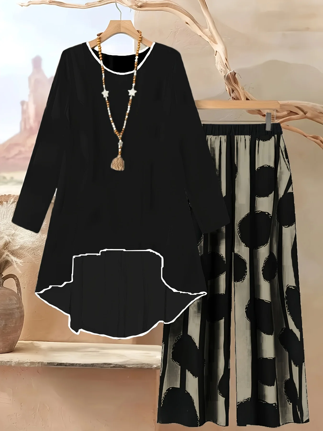 Women's plus size geometric pattern two-piece set with garden collar, long sleeves, asymmetrical hem, top and pants, casual spri