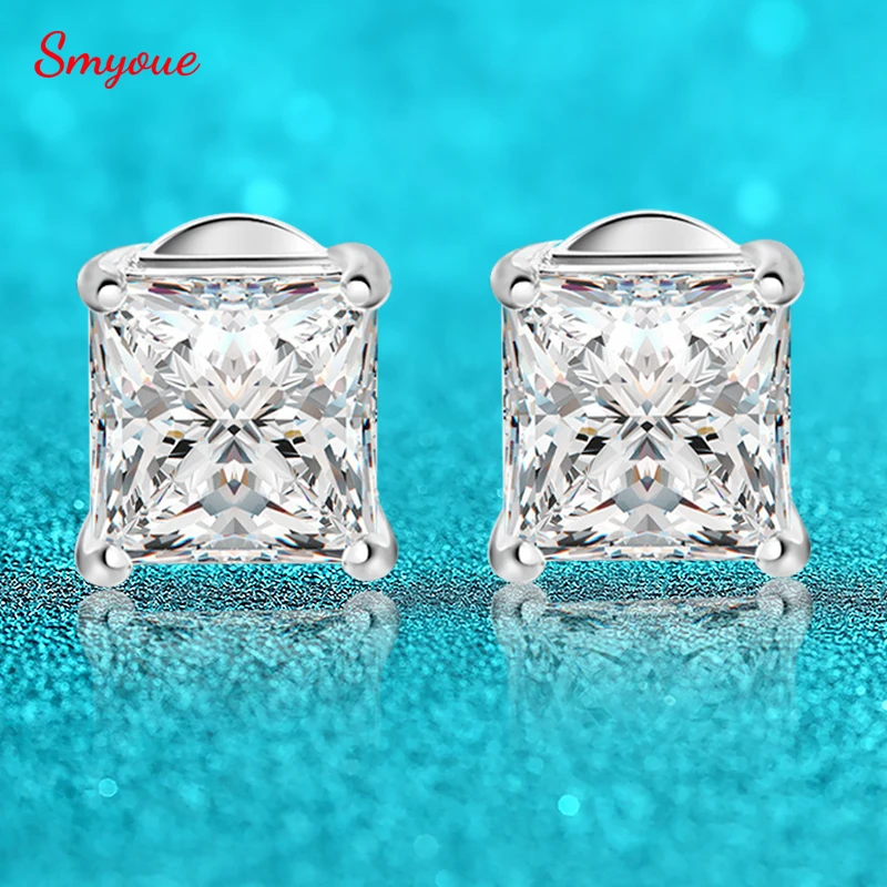 Smyoue Princess Cut 0.4-5CT Moissanite Stud Earrings for Women Men VVS Simulated Diamond Ear Studs 925 Sterling Silver Jewelry