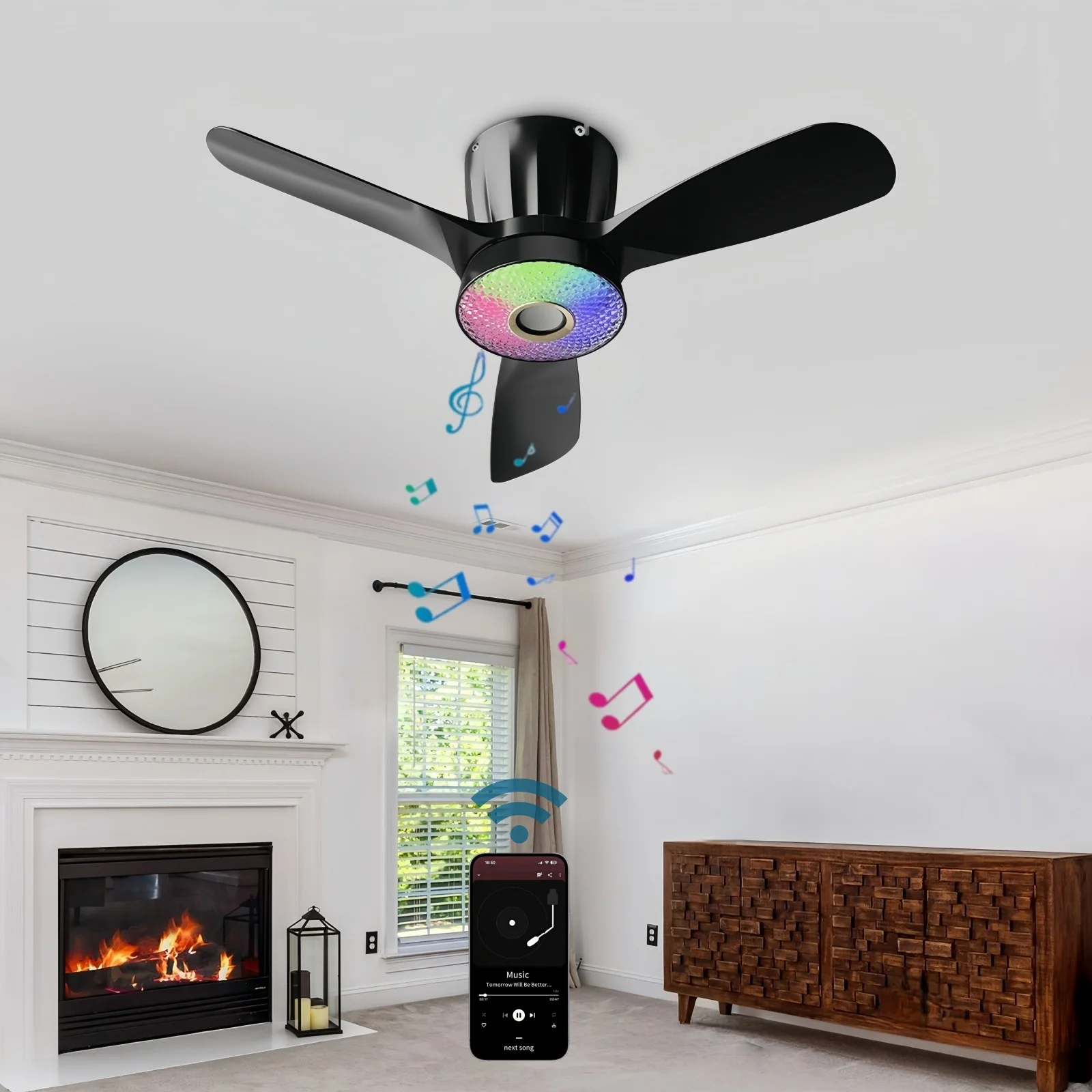 Intelligent Three Leaf Ceiling Fan Light Dining Room Bedroom Living Room RGB Music Style Ceiling Mounted High Wind Silent Fan