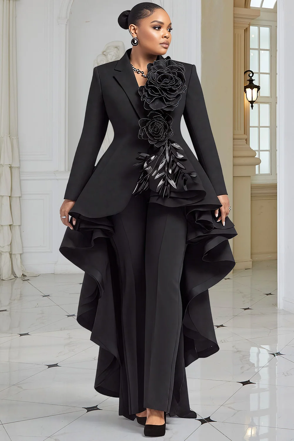 Plus Size Wedding Guest Black Lapel Collar Long Sleeve Asymmetric Hem Elegant 3D Two Piece Pant Suits