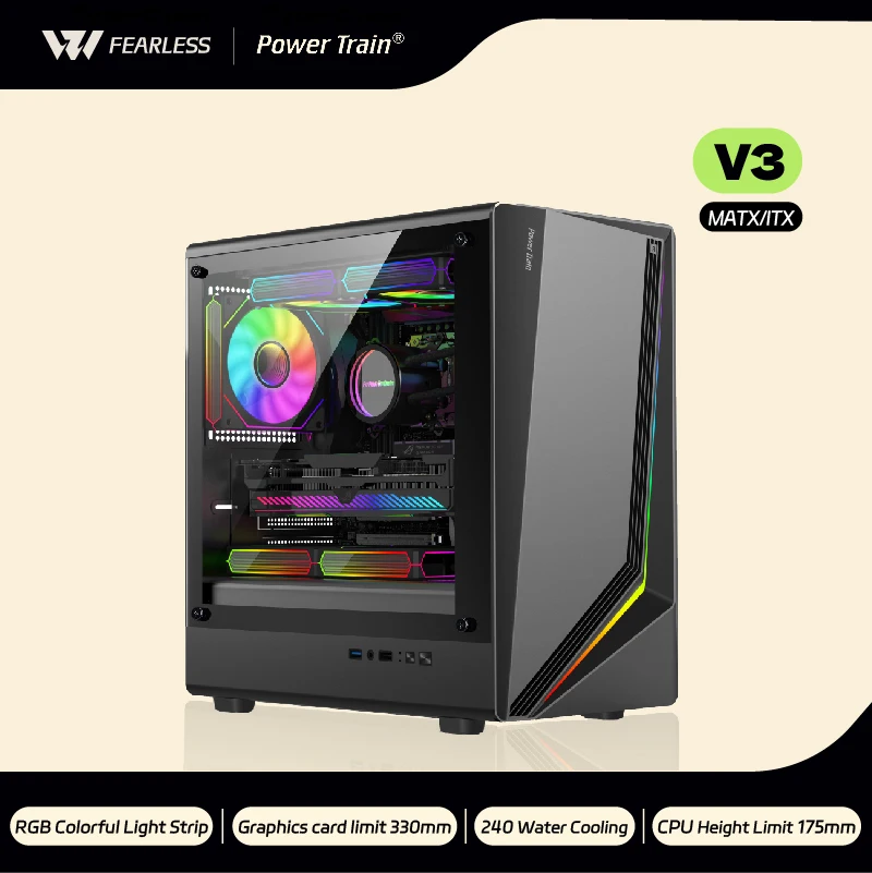 Power Train Zhijie V3 M-ATX RGB Colorful Light Strip ITX PC gaming case side transparent 240 Water Cooling Desktop computer case