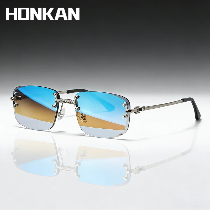 HONKAN Square Rimless Sunglasses Color Mirror Women Retro Metal Sun Glasses Men Luxury Party Business Gradient Shades Summer
