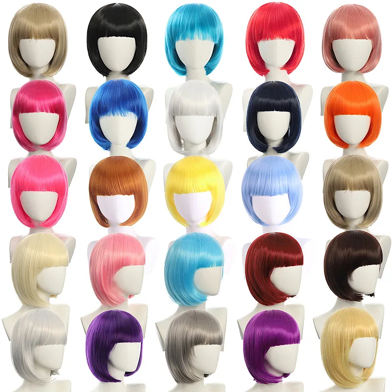 Cross-Border Female Short Hair, Multi-Color Natural Bob Hairstyle, Festival Party Synthetic Wig, Bangs, Bobo Headwear