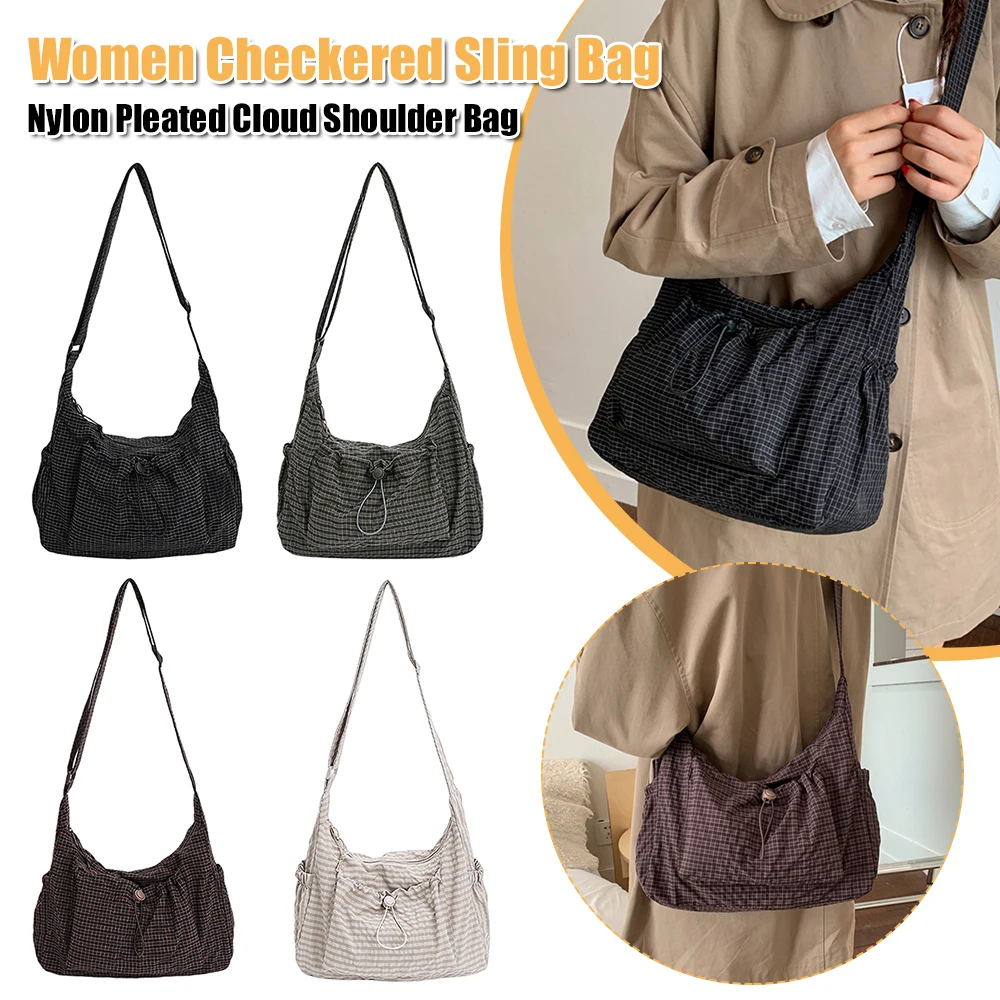 Women Drawstring Crossbody Bag Nylon Pleated Cloud Shoulder Bag Large Capacity Trendy Satchel Bag Shopping Date Handbag