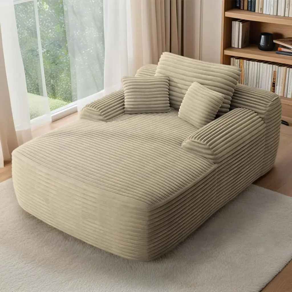 67'' Chaise Lounge Chair Indoor, Beige Plush Corduroy Cloud Couch, Fluffy Oversized Sofa Bed for Bedroom Living, Customized