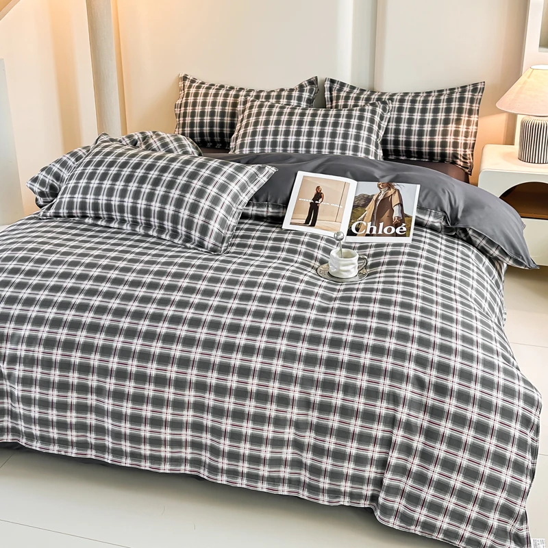 4PCS Dark Grey Plaid Bedding Set Modern Checkered Duvet Cover Set with Pillowcases Soft Breathable Bed Linen for All Seasons