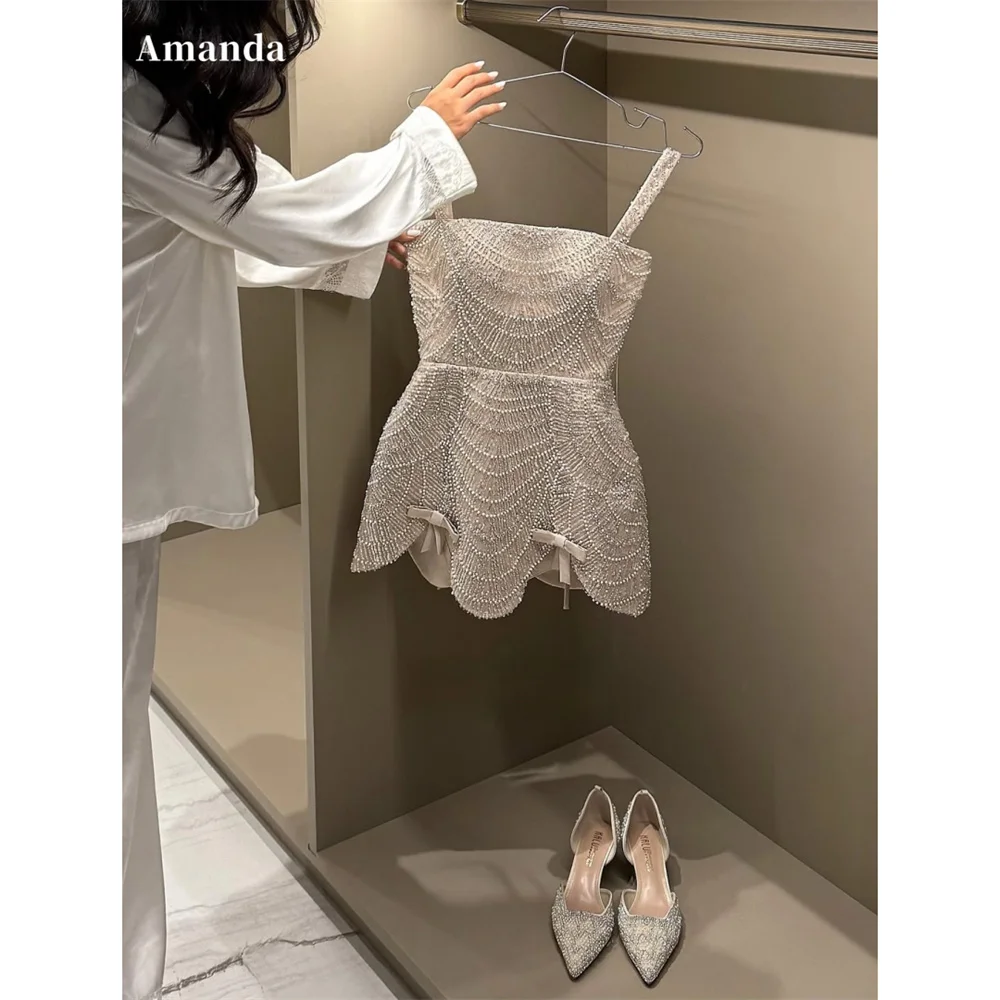 Amanda Customized Glitter Beading A-Line Sleeveless Wedding Dress Sexy Mini vestidos de noche Spaghetti Strap Formal Evening2025