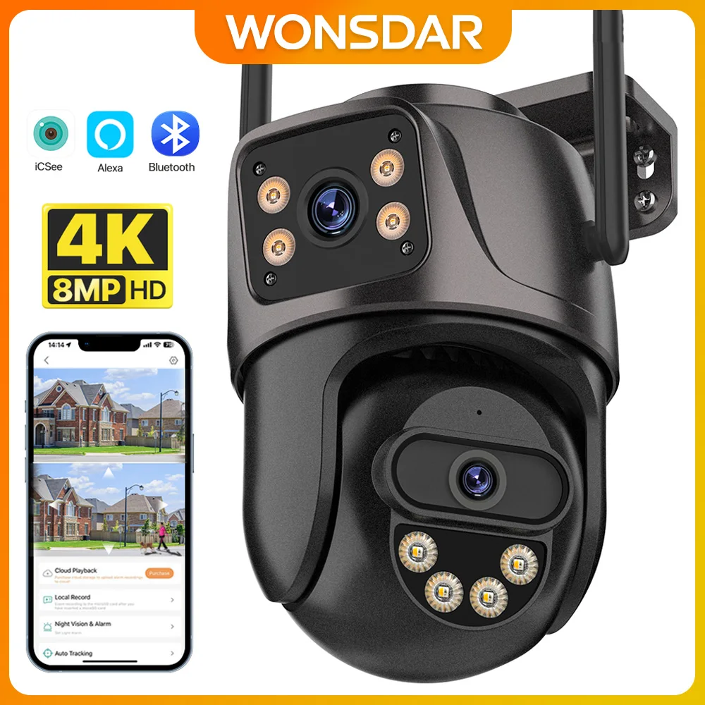 WONSDAR 4K PTZ WIFI Camera Dual Lens Dual Screen IP Camera Outdoor HD Auto Tracking Security Protection CCTV Surveillance iCSee
