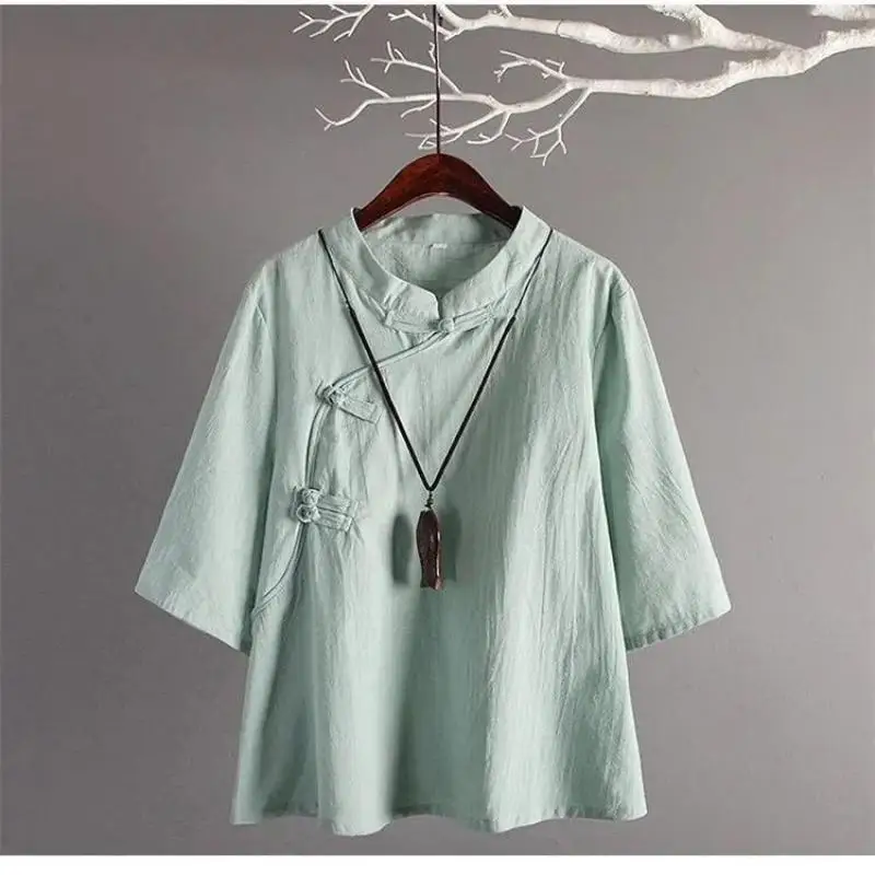 Women Chinese Style Cheongsam Top Lady Elegant Hanfu Zen Tea Shirt Clothe White Retro Blouse Qipao Vintage Tops T-shirt Clothing