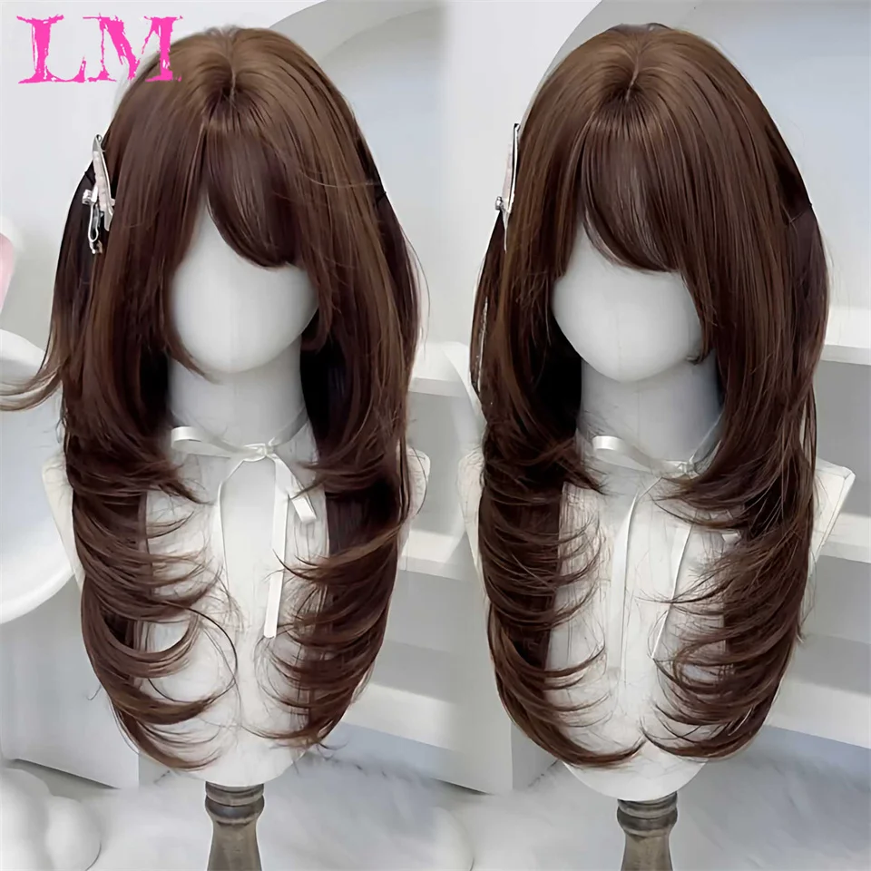 LM Blonde Synthetic Ombre Mixed Pink Blond Long Wavy Wigs with Bangs Cosplay Party UseHeat Resistant Fiber for Women