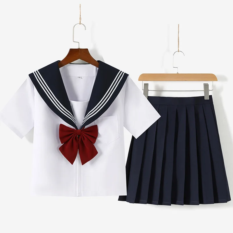 Spring Autumn Long Sleeve Sailor Suit Uniform School Style Plaid Skirt Set Blue Collar JK Uniforms for Girls 18-24 Years Old