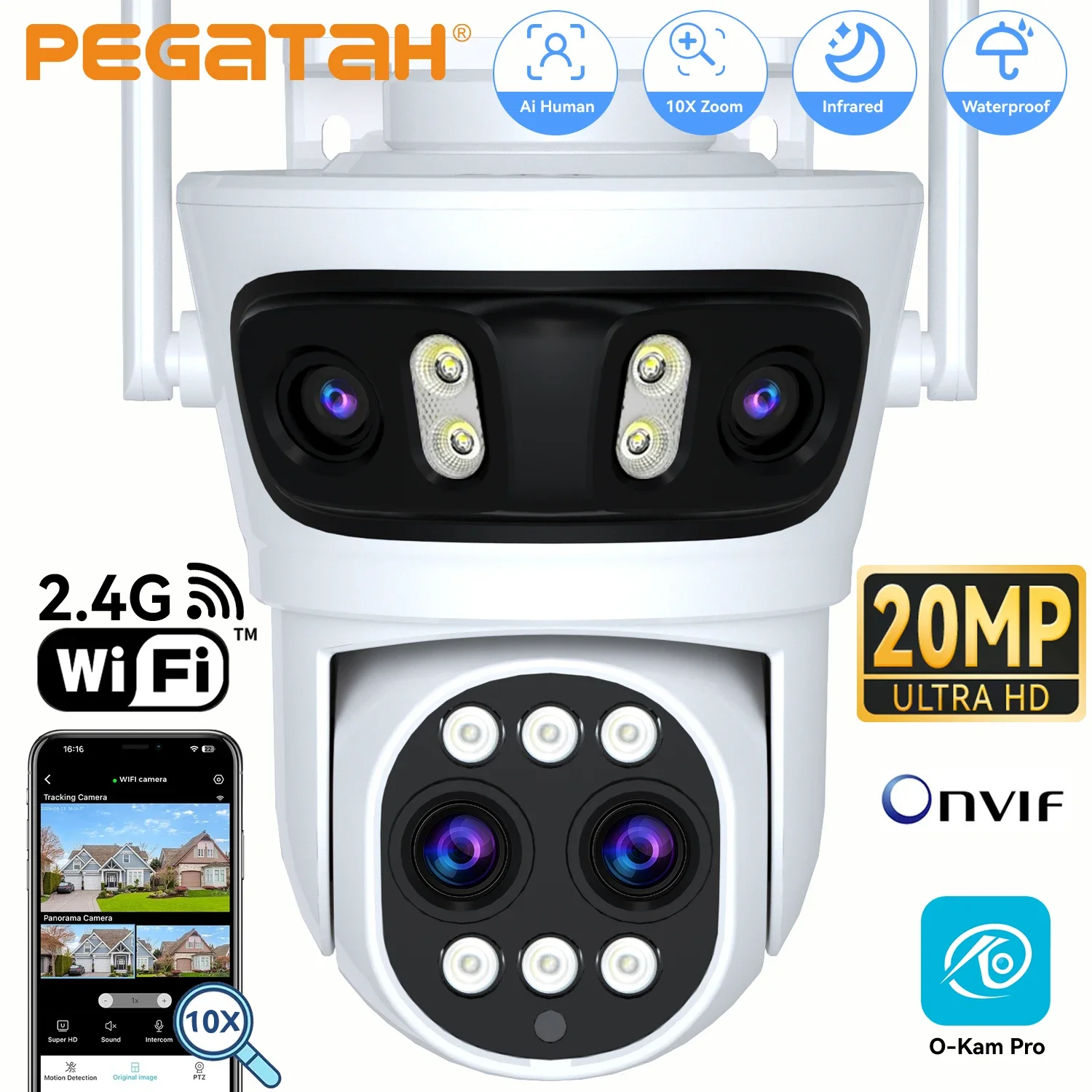 Securexpert 20MP WiFi Camera IP PTZ Three Screens 180° Wide Angle Auto Tracking 10X Zoom 15MP Security Protection O-Kam Pro