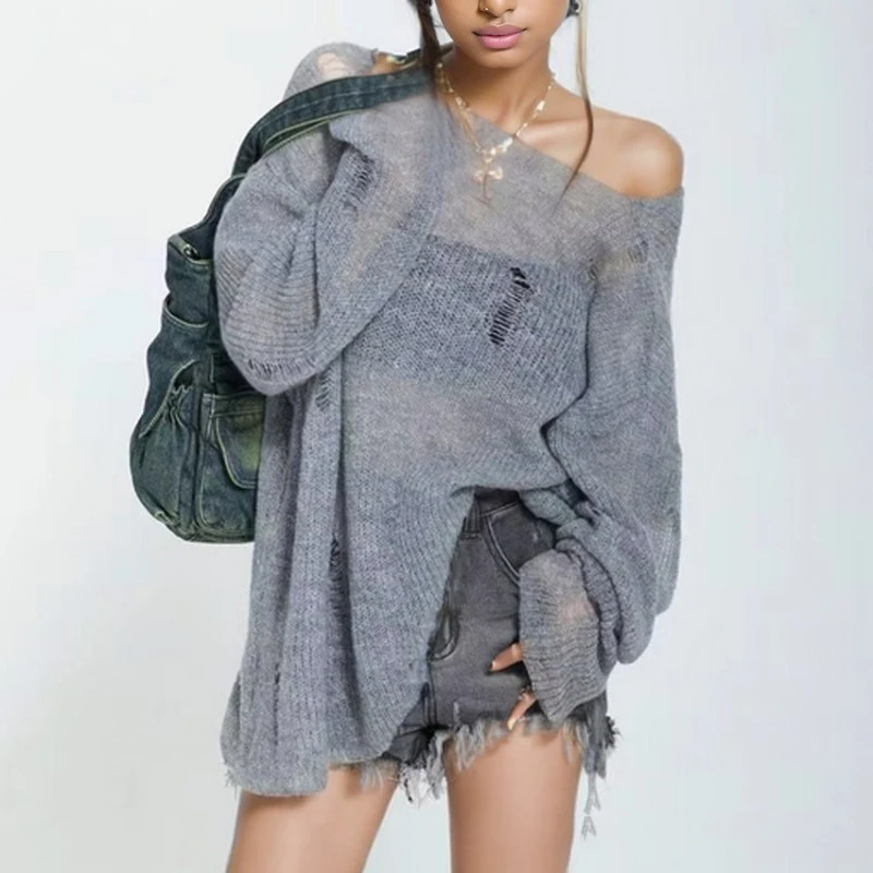 Fashion Sexy Pullover Women Holes Knitted Sweater Thin See Through Spring Autumn Long Sleeved Loose Covers Up Shirt Casual Tops