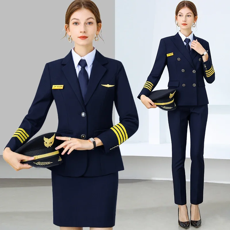 High End Spring Aviation Pilot Woman Captain Uniform Navy Blue Slim Fitting Coat Pants Set Professional Autumn Skirt Blouse Suit