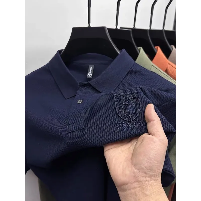 2025100% Pure Cotton High-end Polo Shirt Men's New Summer Short Sleeved Heavy Embroidery Lapel T-shirt Loose Casual Top