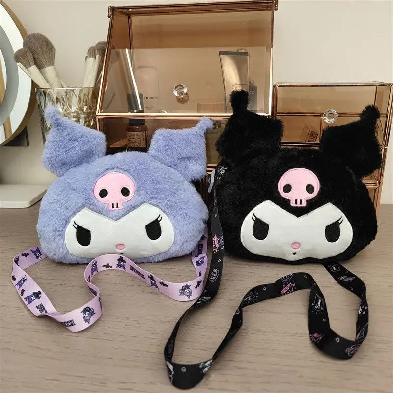 New Sanrio Cartoon Kuromi Skull Plush Bag Shoulder Bag Girl Cute Sweet Girl Heart Handbag Crossbody Bag Plush Money Storage Bag