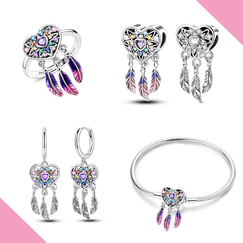 Original 925 Silver Dreamcatcher Charm Earring Bracelet Ring Necklace Fit Woman Jewelry Set Diy
