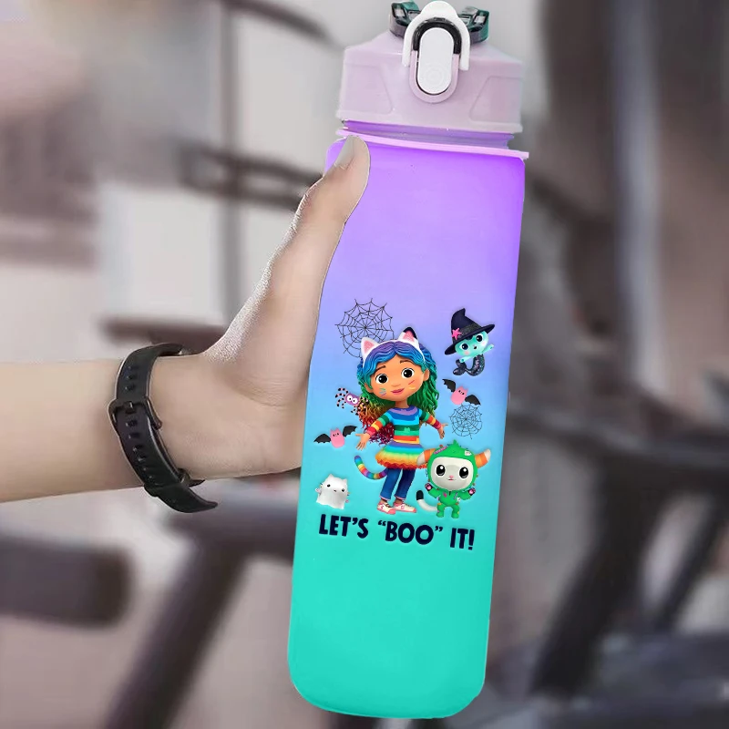 750ML Gabbys Dollhouse Gradient Water Bottle Cartoon Cat Girl Portable Drink Bottles Large Capacity Kids Outdoor Sport Water Cup