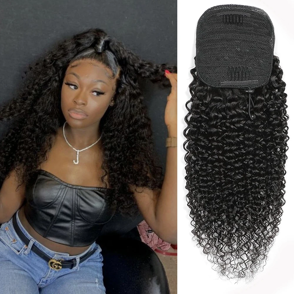 Kinky Curly Human Hair Ponytail Extensions Newmi 3b 3c Curly Hair Drawstring Ponytail Hair Pieces for Women Natural Black