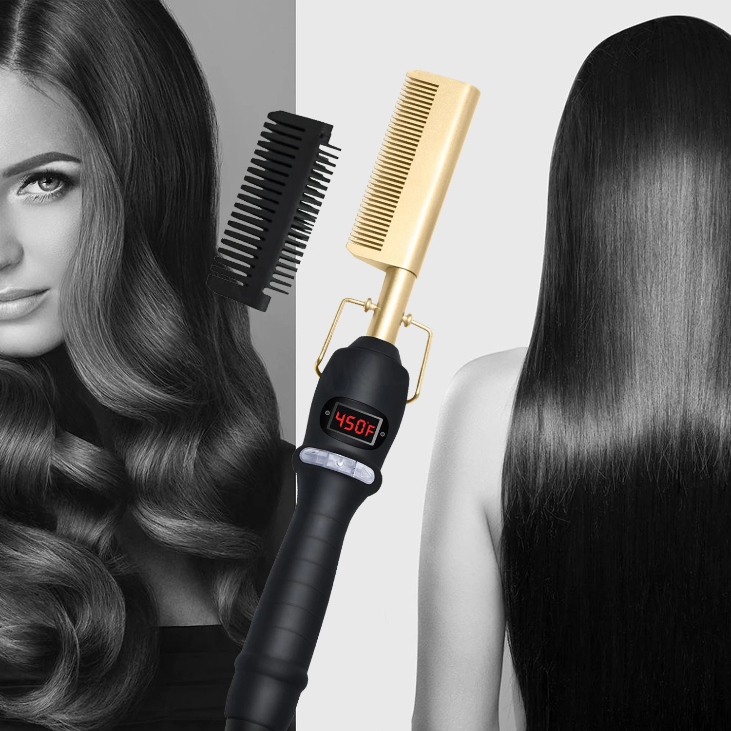 2 in1 Hot Comb Hair Straightener Electric Heating Comb Fast Heating Portable Travel Anti-Scald Beard Straightener Press Comb