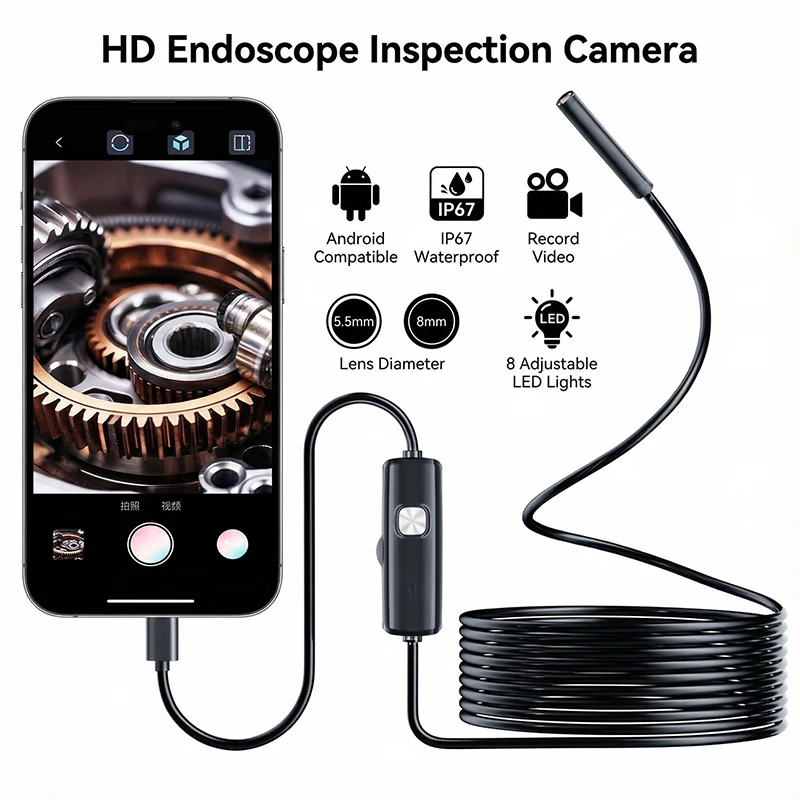 5.5/8MM TYPE-C Android Endoscope HD Camera IP67 Waterproof 6 LED Adjustable Borescope Mini Camera for Sewer Pipeline Inspection
